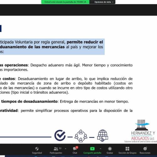 En este momento desde el Consultorio de Comercio Exterior de Asopartes nos  encontramos en la socialización de Declaraciones Anticipadas a cargo de la Dra. Francia Hernández, con una participación de 50 empresas.
