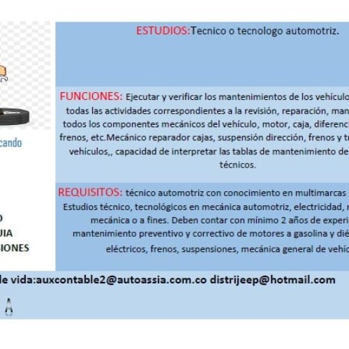 Importante empresa del Sector Automotriz requiere personal.